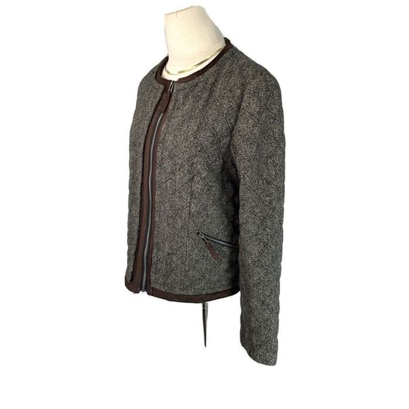 For Cynthia Brown Tweed Blazer Jacket Sz XL Quilted Zip Faux Suede Trim - Picture 3 of 12
